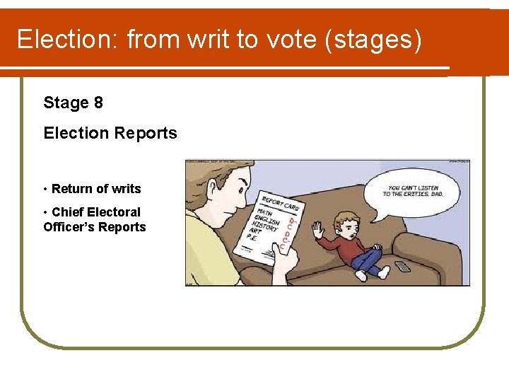 Election: from writ to vote (stages) Stage 8 Election Reports • Return of writs