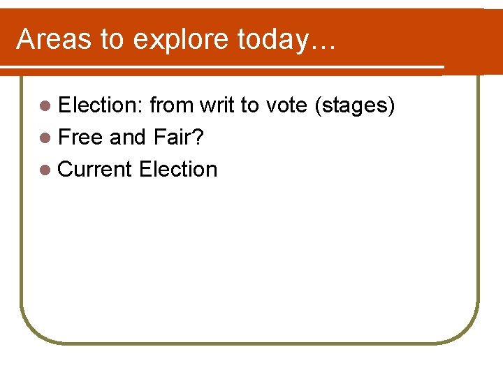 Areas to explore today… l Election: from writ to vote (stages) l Free and Areas to explore today… l Election: from writ to vote (stages) l Free and