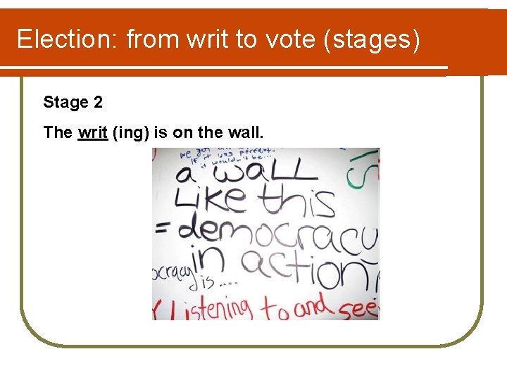 Election: from writ to vote (stages) Stage 2 The writ (ing) is on the