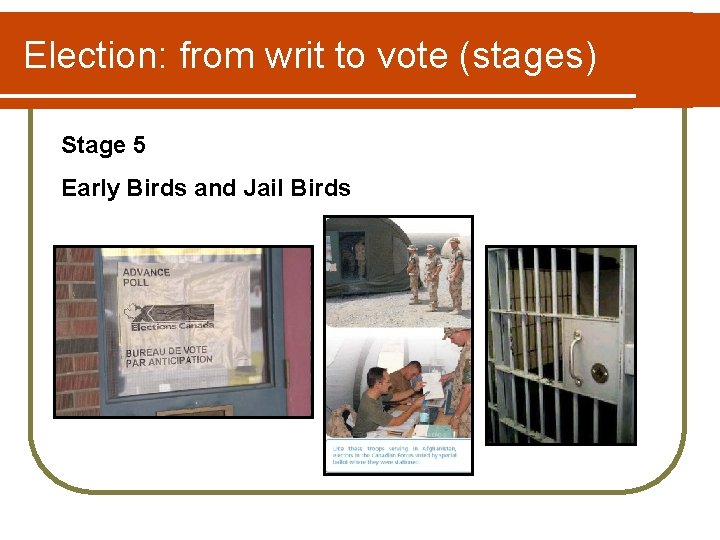 Election: from writ to vote (stages) Stage 5 Early Birds and Jail Birds 