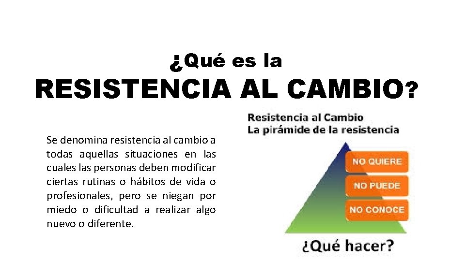 ¿Qué es la RESISTENCIA AL CAMBIO? Se denomina resistencia al cambio a todas aquellas