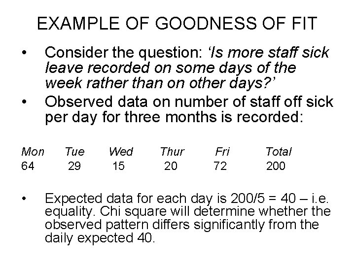 EXAMPLE OF GOODNESS OF FIT • • Mon 64 • Consider the question: ‘Is