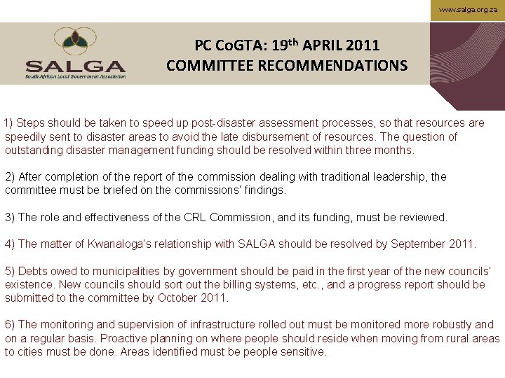www. salga. org. za PC Co. GTA: 19 th APRIL 2011 COMMITTEE RECOMMENDATIONS 1)