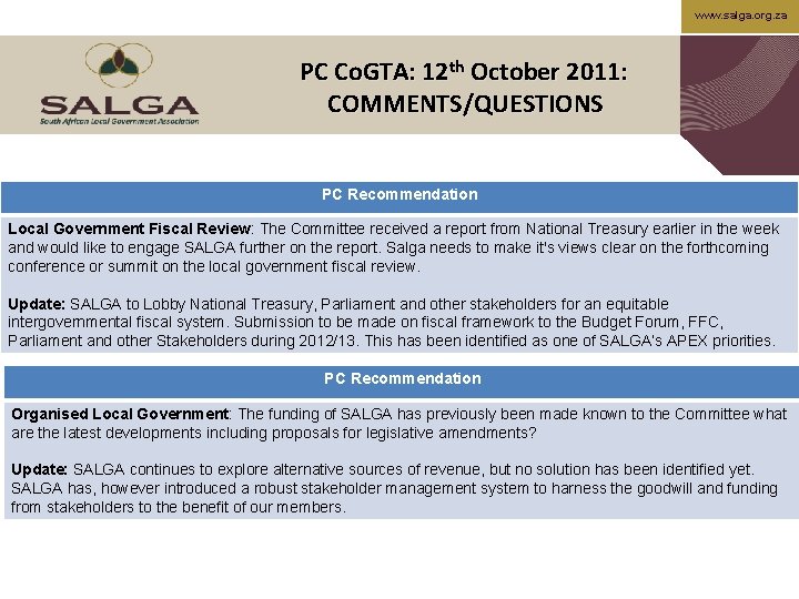 www. salga. org. za PC Co. GTA: 12 th October 2011: COMMENTS/QUESTIONS PC Recommendation