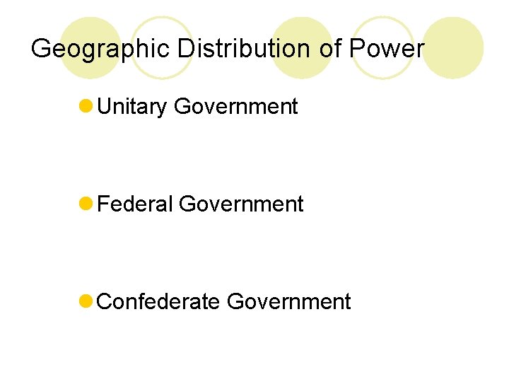 Geographic Distribution of Power l Unitary Government l Federal Government l Confederate Government 