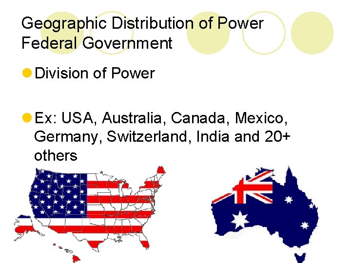 Geographic Distribution of Power Federal Government l Division of Power l Ex: USA, Australia,