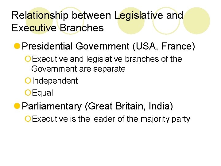 Relationship between Legislative and Executive Branches l Presidential Government (USA, France) ¡Executive and legislative