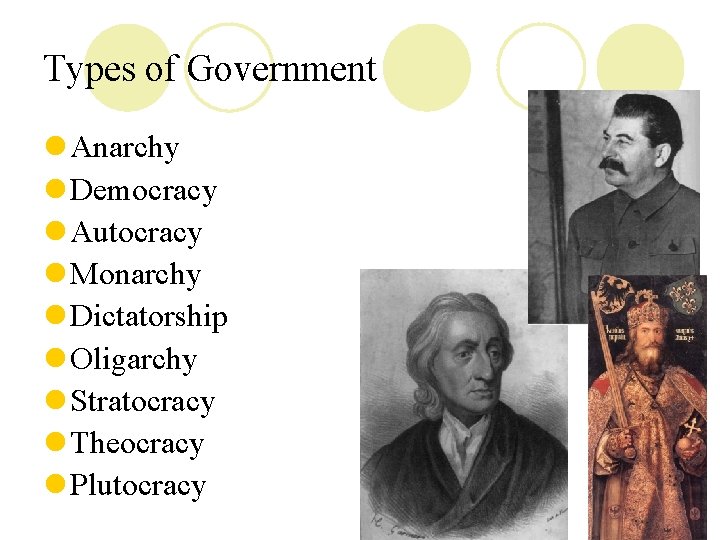 Types of Government l Anarchy l Democracy l Autocracy l Monarchy l Dictatorship l