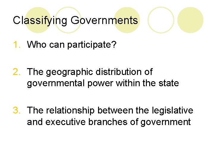Classifying Governments 1. Who can participate? 2. The geographic distribution of governmental power within