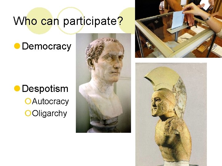 Who can participate? l Democracy l Despotism ¡Autocracy ¡Oligarchy 