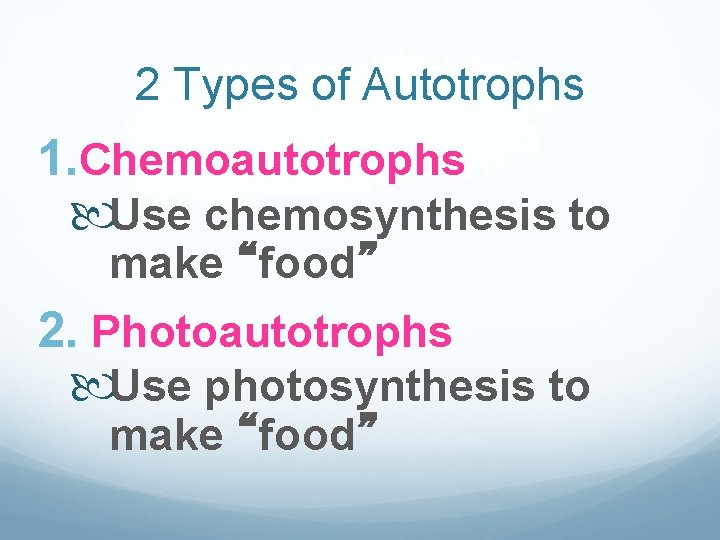 2 Types of Autotrophs 1. Chemoautotrophs Use chemosynthesis to make “food” 2. Photoautotrophs Use