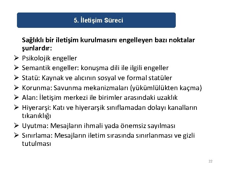 5. İletişim Süreci Ø Ø Ø Ø Sağlıklı bir iletişim kurulmasını engelleyen bazı noktalar