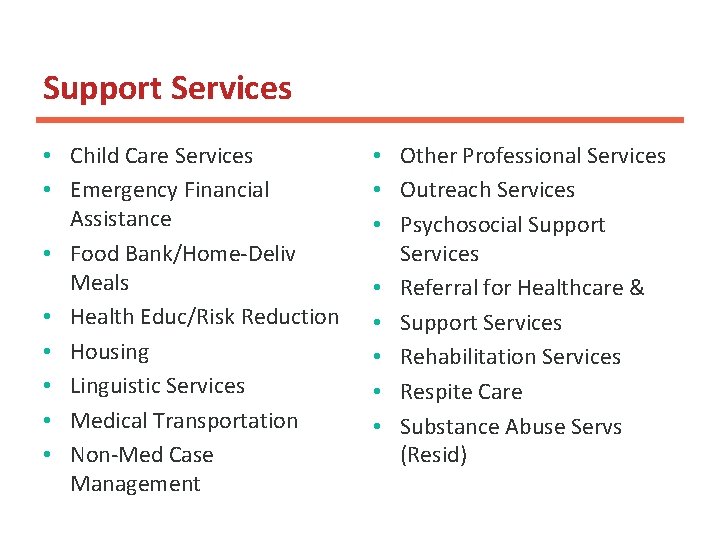 Support Services • Child Care Services • Emergency Financial Assistance • Food Bank/Home-Deliv Meals