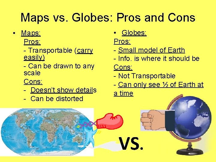 Maps vs. Globes: Pros and Cons • Maps: Pros: - Transportable (carry easily) - Maps vs. Globes: Pros and Cons • Maps: Pros: - Transportable (carry easily) -