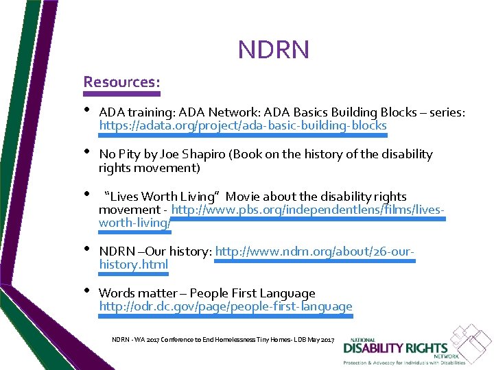 NDRN Resources: • ADA training: ADA Network: ADA Basics Building Blocks – series: https: