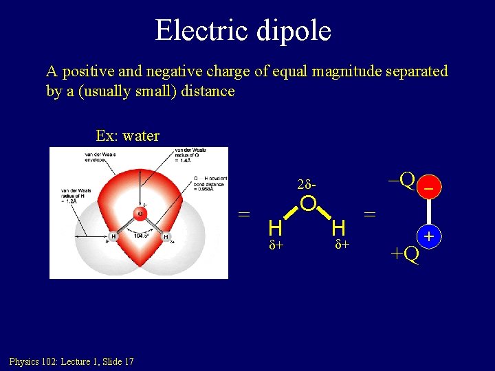 Electric dipole A positive and negative charge of equal magnitude separated by a (usually