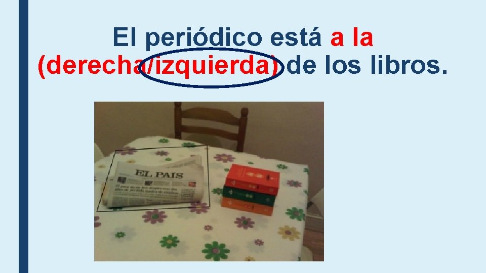 El periódico está a la (derecha/izquierda) de los libros. El periódico está a la (derecha/izquierda) de los libros.