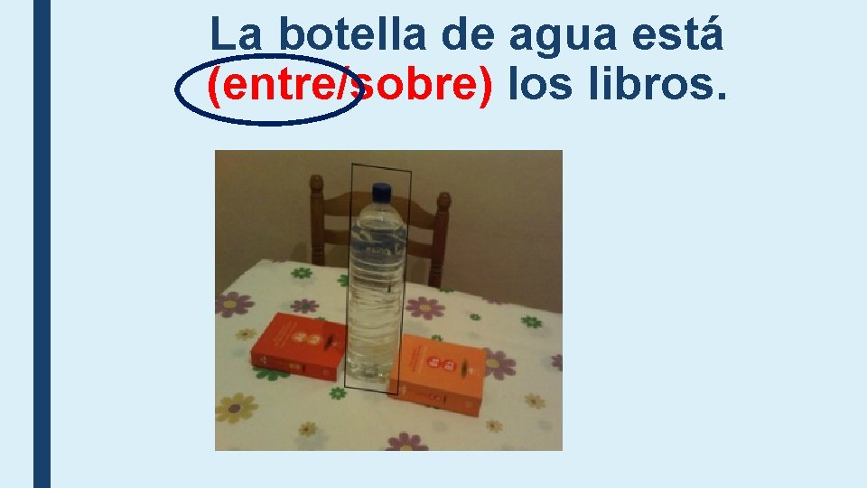 La botella de agua está (entre/sobre) los libros. La botella de agua está (entre/sobre) los libros.