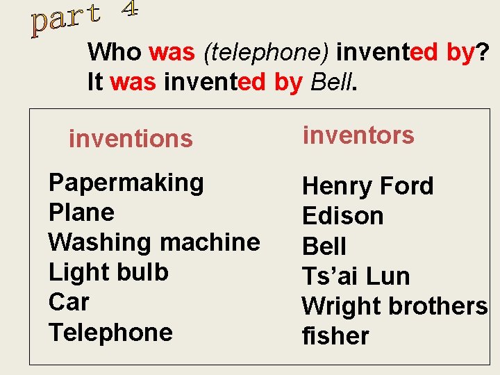 Who was (telephone) invented by? It was invented by Bell. inventions Papermaking Plane Washing