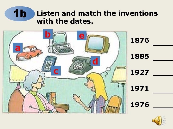 1 b Listen and match the inventions with the dates. b e 1876 a