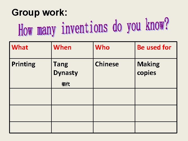 Group work: What When Who Be used for Printing Tang Dynasty Chinese Making copies