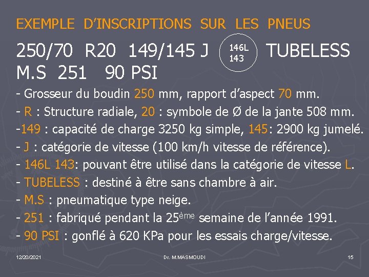 EXEMPLE D’INSCRIPTIONS SUR LES PNEUS 250/70 R 20 149/145 J M. S 251 90