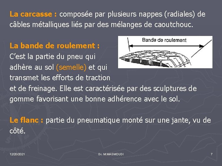 La carcasse : composée par plusieurs nappes (radiales) de câbles métalliques liés par des