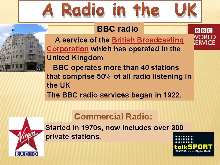 A Radio in the UK BBC radio A service of the British Broadcasting Corporation