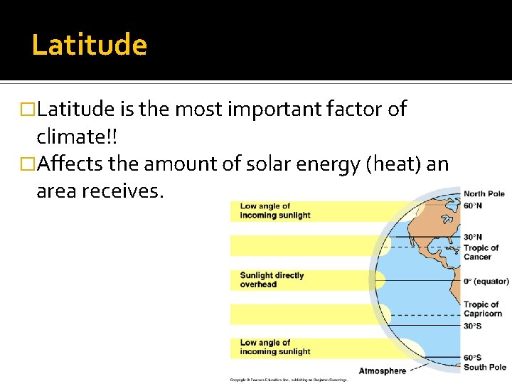 Latitude �Latitude is the most important factor of climate!! �Affects the amount of solar