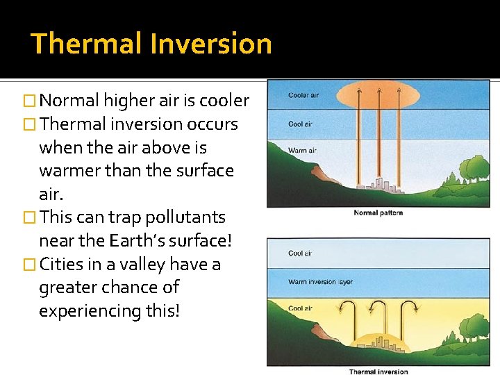 Thermal Inversion � Normal higher air is cooler � Thermal inversion occurs when the