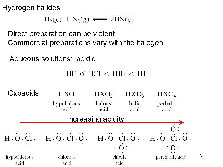 Hydrogen halides Direct preparation can be violent Commercial preparations vary with the halogen Aqueous
