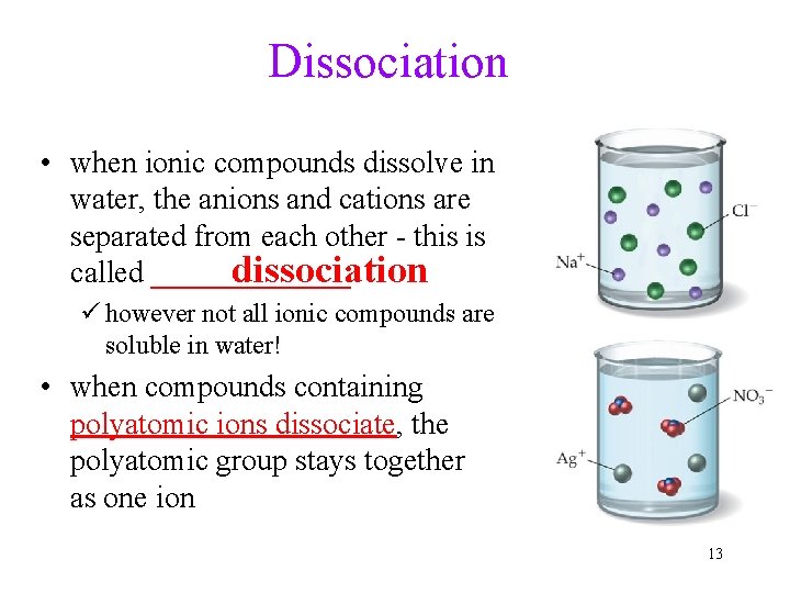 Dissociation • when ionic compounds dissolve in water, the anions and cations are separated