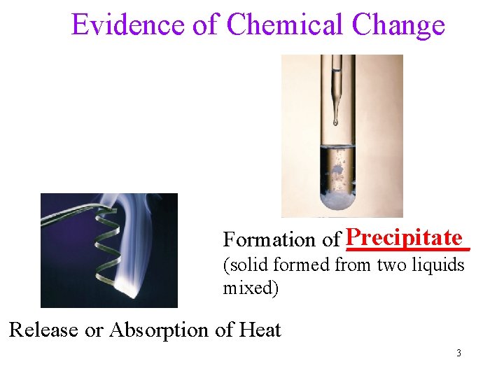 Evidence of Chemical Change Formation of Precipitate ______ (solid formed from two liquids mixed)