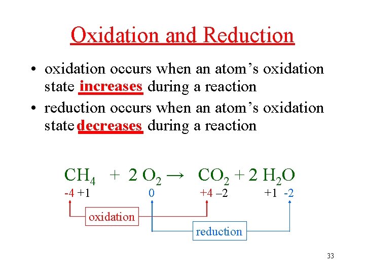 Oxidation and Reduction • oxidation occurs when an atom’s oxidation increases during a reaction