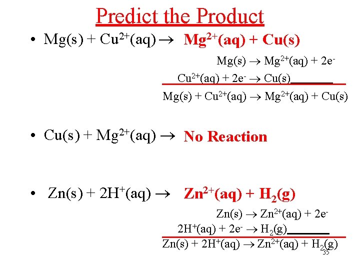 Predict the Product • Mg(s) + Cu 2+(aq) Mg 2+(aq) + Cu(s) Mg(s) Mg