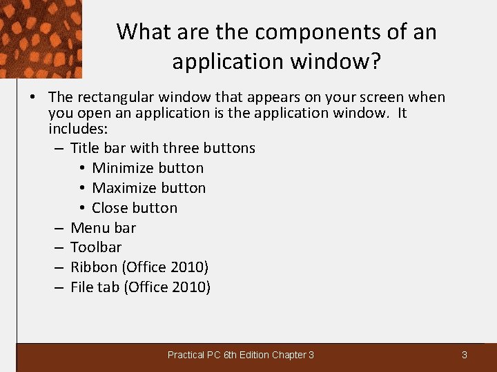 What are the components of an application window? • The rectangular window that appears