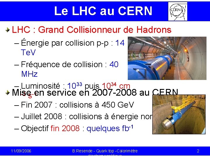 Le LHC au CERN LHC : Grand Collisionneur de Hadrons – Énergie par collision