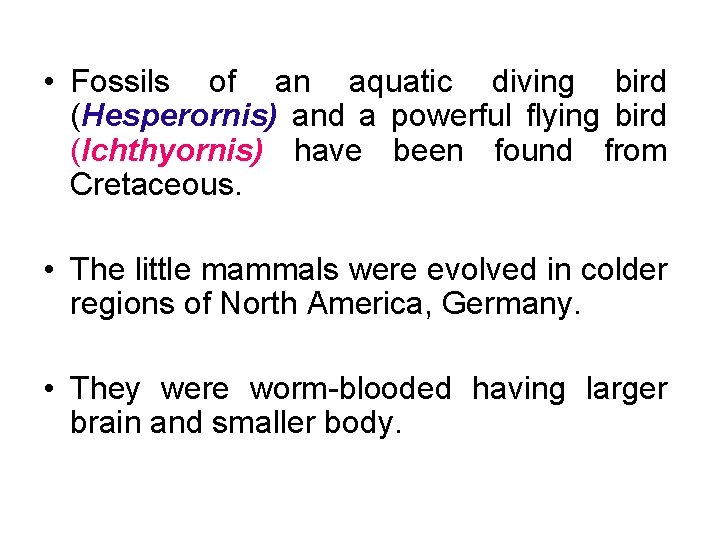  • Fossils of an aquatic diving bird (Hesperornis) and a powerful flying bird
