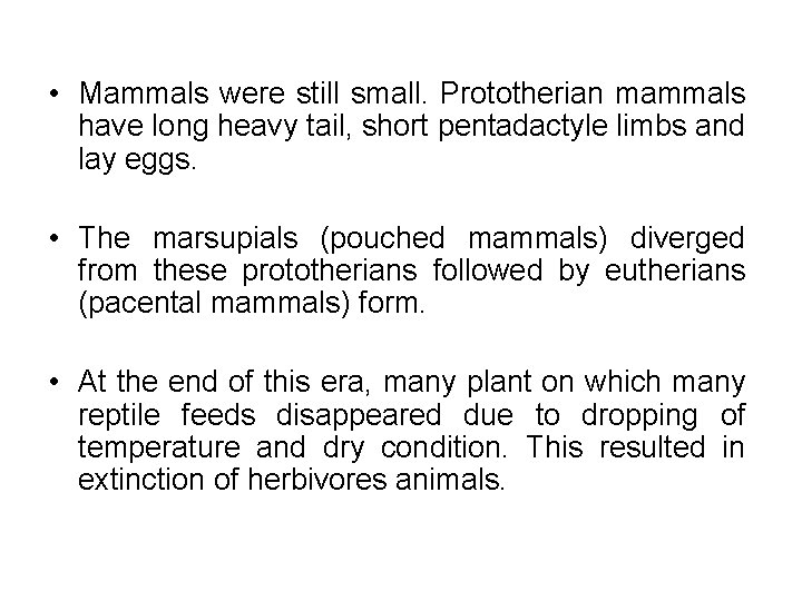  • Mammals were still small. Prototherian mammals have long heavy tail, short pentadactyle