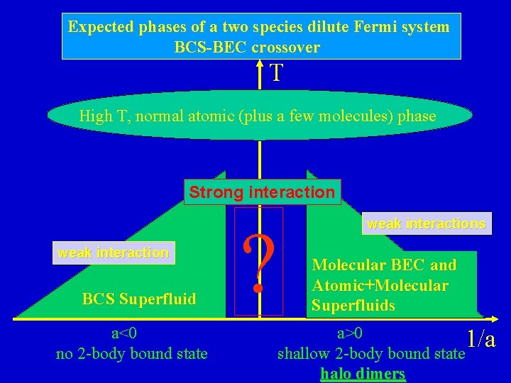 Expected phases of a two species dilute Fermi system BCS-BEC crossover T High T,