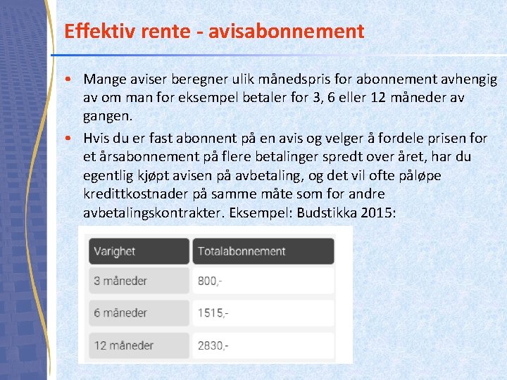 Effektiv rente - avisabonnement • Mange aviser beregner ulik månedspris for abonnement avhengig av