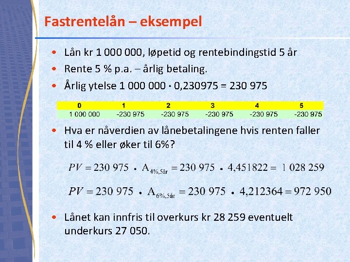 Fastrentelån – eksempel • Lån kr 1 000, løpetid og rentebindingstid 5 år •