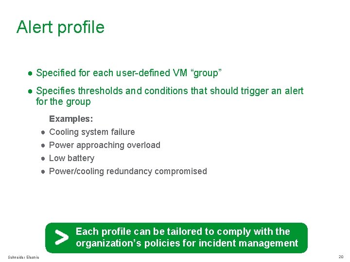 Alert profile ● Specified for each user-defined VM “group” ● Specifies thresholds and conditions