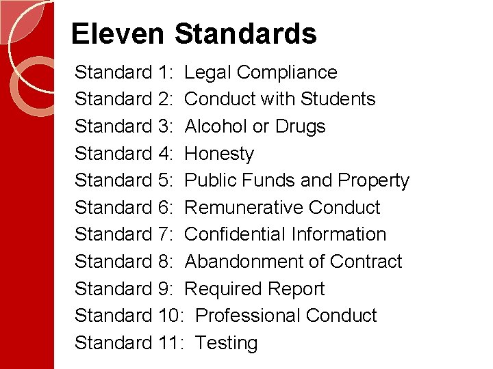 Eleven Standards Standard 1: Legal Compliance Standard 2: Conduct with Students Standard 3: Alcohol