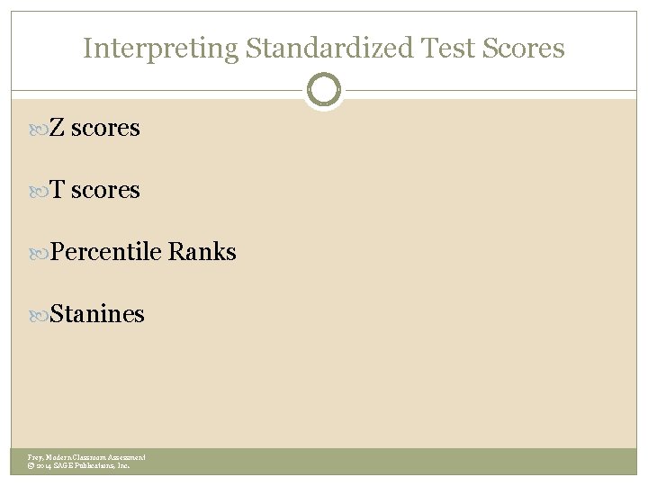 Interpreting Standardized Test Scores Z scores T scores Percentile Ranks Stanines Frey, Modern Classroom