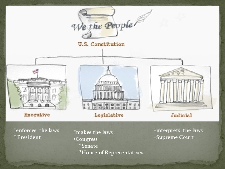 *enforces the laws * President *makes the laws • Congress *Senate *House of Representatives