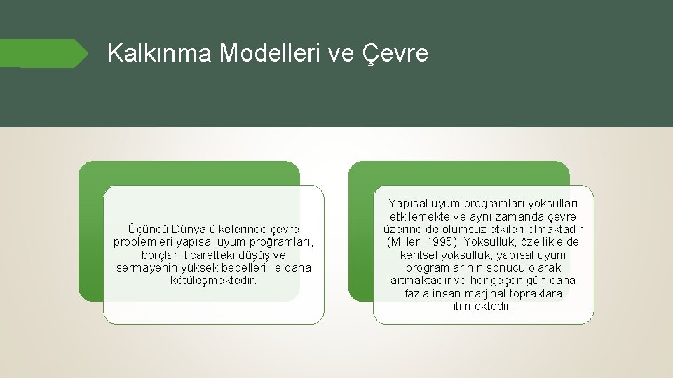 Kalkınma Modelleri ve Çevre Üçüncü Dünya ülkelerinde çevre problemleri yapısal uyum proğramları, borçlar, ticaretteki