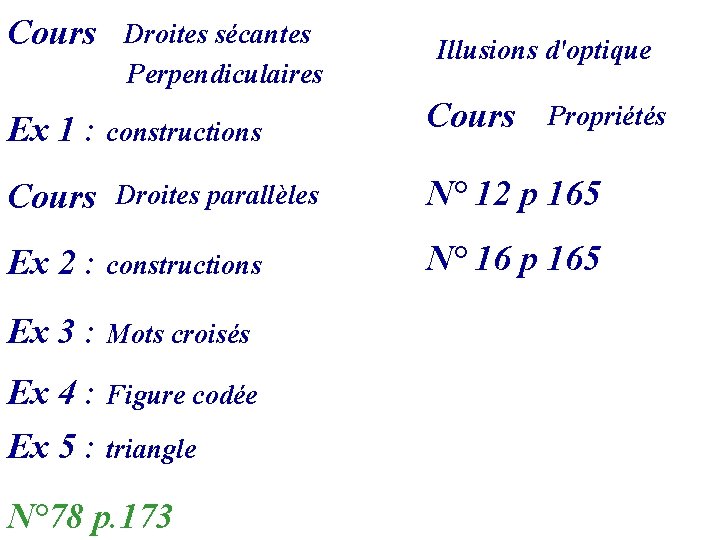 Cours Droites sécantes Perpendiculaires Illusions d'optique Ex 1 : constructions Cours N° 12 p