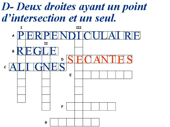 D- Deux droites ayant un point d’intersection et un seul. P E RP E