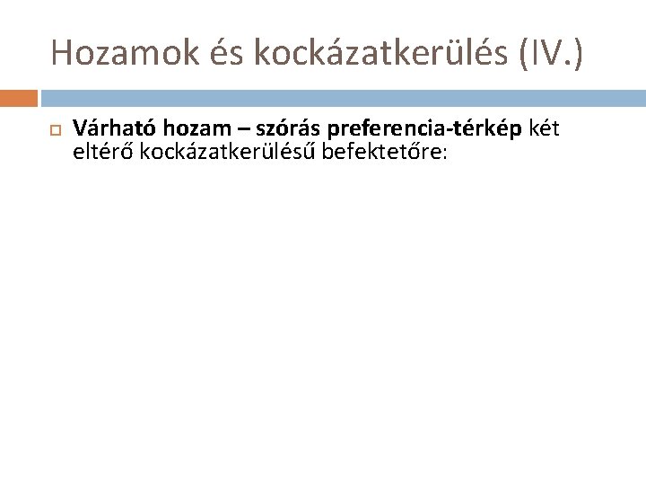 Hozamok és kockázatkerülés (IV. ) Várható hozam – szórás preferencia-térkép két eltérő kockázatkerülésű befektetőre: